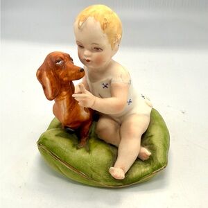VTG Andrea By Sadek Girl With Dachshund On Pillow Porcelain Figurine